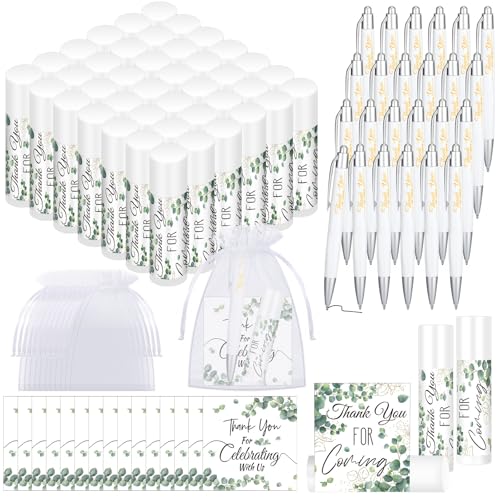 50 Set Wedding Thank You Gifts, Thank You Lip Balm Bulk Retractable Ballpoint Pen Appreciation Card Organza Drawstring Gift Bag Bridal Shower Gift for Guest Wedding Party(Eucalyptus Leaf)
