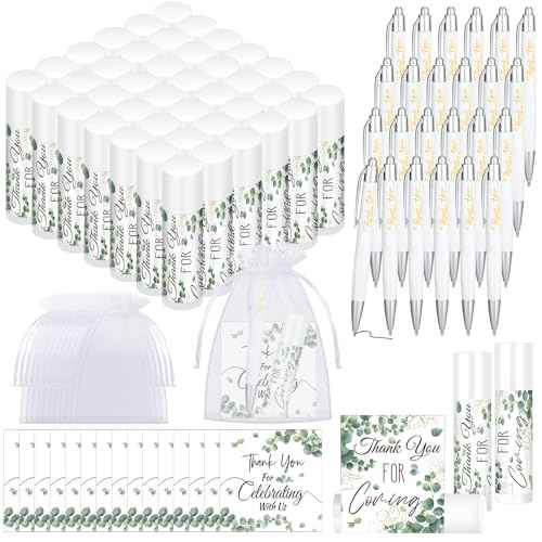 50 Set Wedding Thank You Gifts, Thank You Lip Balm Bulk Retractable Ballpoint Pen Appreciation Card Organza Drawstring Gift Bag Bridal Shower Gift for Guest Wedding Party(Eucalyptus Leaf)