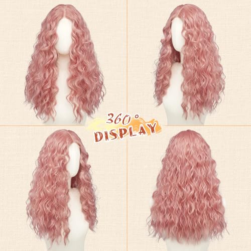 Haloo Pink Wigs for Women 21 Inch Long Wavy Curly Lace Front Synthetic Hair - Beginner Friendly