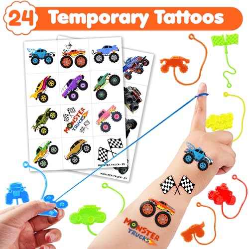 48PCS Monster Truck Party Favors - 24PCS Temporary Tattoos & 24PCS Stick Hands Party - Perfect Birthday Party Supplies, Goodie Bag Stuffers, Treasure Box Toys, Classroom Prizes, and Student Gifts