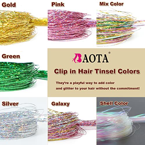 BAOTA Pink Hair Tinsel Clip in 20 inch Fairy Hair Tinsel for Kids Women Girls Dazzle Hair Accessories Glitter Hair Extensions for Christmas Halloween Cosplay Party