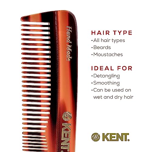 Kent R7T Fine and Wide Tooth Hair Comb, Pocket Comb for Men, Best Beard and Mustache Comb for Everyday Grooming and Styling, Handmade Sawcut and Polished, Made in England