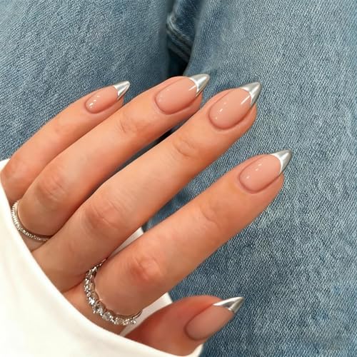 SXVME Almond Sliver Chrome French Tip Press On Nails with Glue Kit, 24 Nails in 12 Sizes