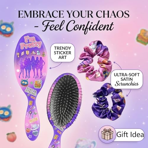 Purple Paddle Hair Brush Gift Set with Satin Scrunchies for Girls
