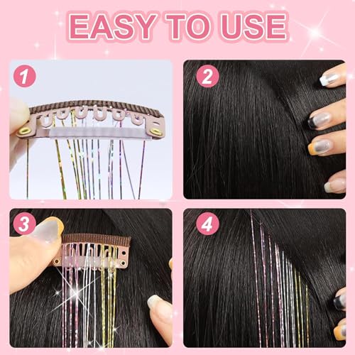 Pink Hair Tinsel Clip-In Extensions Kit - 18 Pieces, Fairy Style