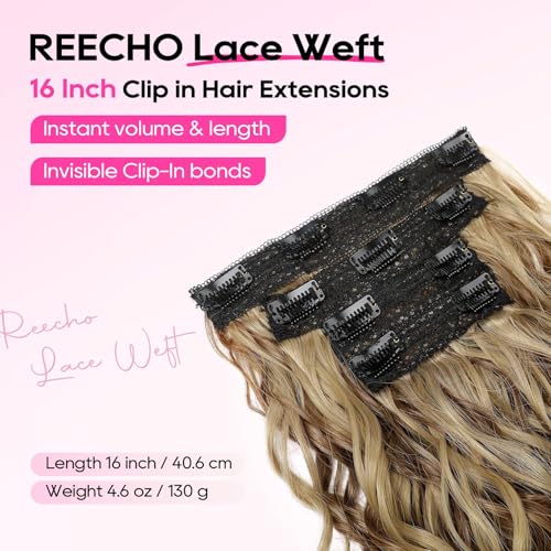 REECHO Clip-In Curly Hair Extensions 16 inch 4PCS Light Brown