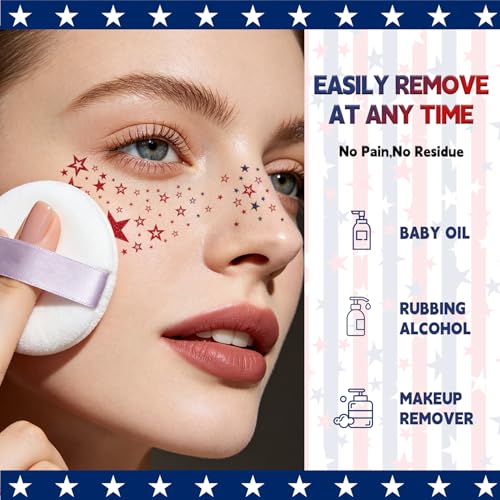 Glitter 4th of July Face Tattoos - Red White Blue Party Favors (18 Sheets)