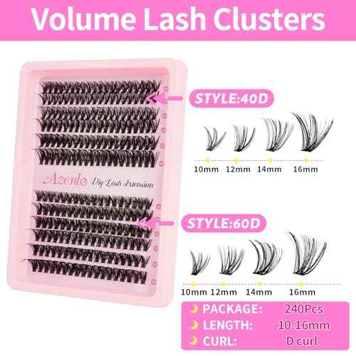 Lash Extensions 40D+60D Cluster 240pcs DIY Lash Clusters 10-16mm Eyelash Clusters Individual Think Band Lash Kit (40D+60D Kit)