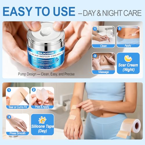 Scar Cream 6% Dimethicone Silicone Cream for Scars, Advanced Scar Removal Cream for Surgical, C-Section, Acne, Keloids, Burns, Old & New Scars, with Scar Tape, 1.69 fl.oz + 1.5m