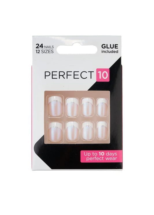 Perfect 10 Decorated French Artificial Nails - French Glitter