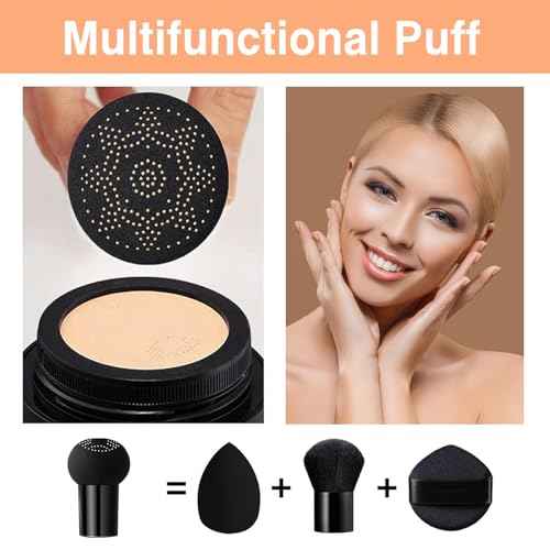 2Pcs Mushroom Head Air Cushion CC Cream, Long Lasting Oil Control BB Cream for All Skin Types, Moisturizing Foundation Face Makeup Set with Foundation Brush £¨#Natural£©