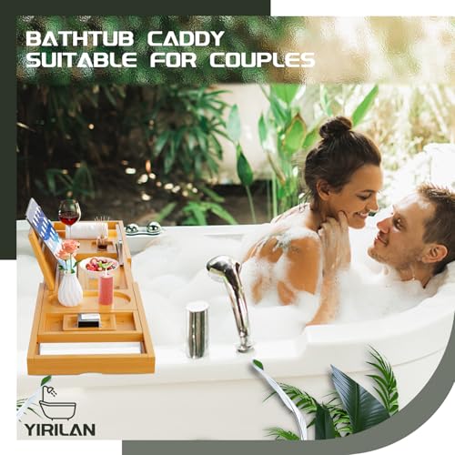 Expandable Bamboo Bathtub Tray Caddy with Wine Holder