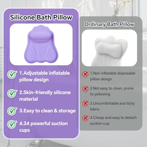 Luxury Silicone Bath Pillow for Tub, New Cloud-Soft 4D Air-Cushion Bathtub Pillow for Head and Neck & Back Support, Strong Suction Cups, Waterproof Quick-Dry Bathtub Headrest (Purple)
