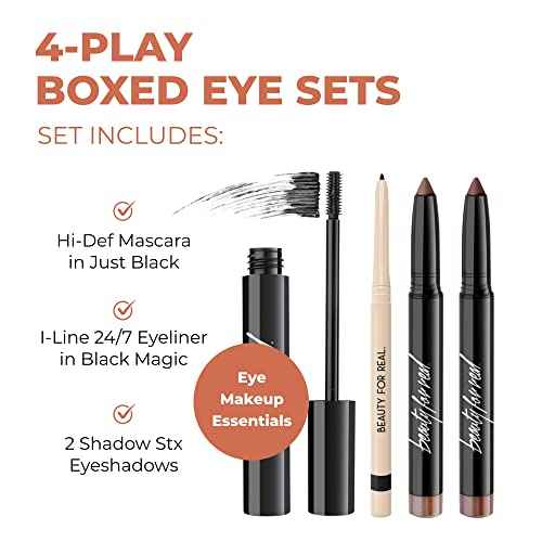 Beauty for Real 4-Play Boxed Eye Set, Burgundy - Includes Hi-Def Mascara (Just Black), I-Line 24/7 Eyeliner (Black Magic), and Shadow Stx Eyeshadow in Midnight Marathon & All Day Latte