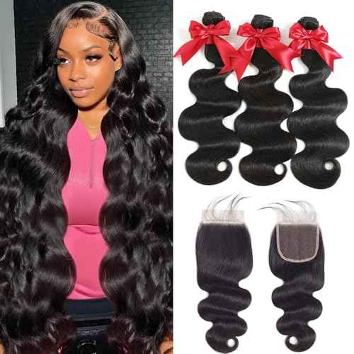 12A Human Hair Bundles with Closure 16 18 20 with 14 Inch Brazilian Body Wave 3 Bundles Human Hair with 4x4 HD Lace Closure 100% Unprocessed Virgin Human Hair Weave