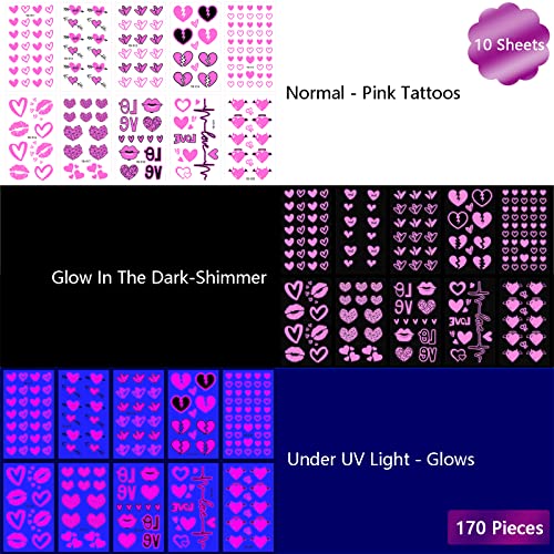 UV Neon Temporary Tattoos 170 Pieces Pink Heart Shaped Shimmer Designs Love Glow In The Dark Tattoos Stickers Flash Fake Waterproof Tattoos for Women Men Body Face Art