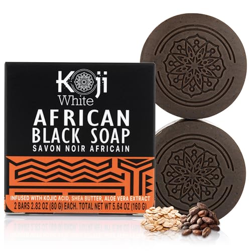 Koji White African Black Soap Bar with Kojic Acid for Exfoliating Body Wash - Face Exfoliating Soap & Face Moisturizer with Shea Butter, Aloe Vera, Coconut Oil - Vegan, Paraben-Free, 2.82oz (2 Bars)