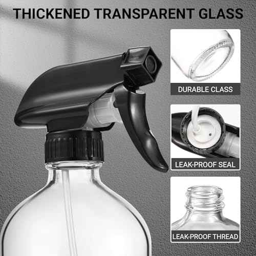 3 Pcs 16oz Empty Glass Spray Bottle with Black Silicone Sleeve Protection - Refillable Boston Round Containers with Adjustable Nozzle for Cleaning Solutions, Essential Oils, Misting Plants, Gardening