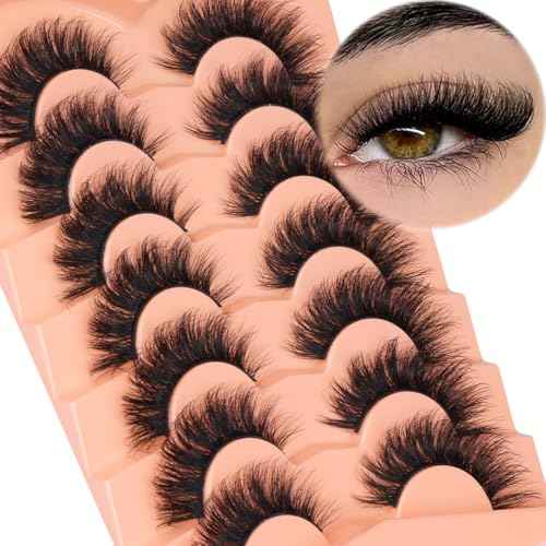 Kiromiro Mink Lashes False Eyelashes 18mm 3D Volume Cat Eye Lashes Faux Mink Eyelash Wispy Fake Eyelashes Thick Strips Lash Pack, 7 Pairs