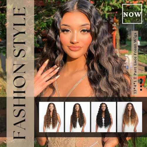 30 Inch Long Curly Synthetic Hair Wigs for Balck Women,13x4x1 Deep Water Wave Lace Front Wig,Simulated Scalp Natural Loose Deep Wave Crimps Curly Wig As Hair Replacement Wigs