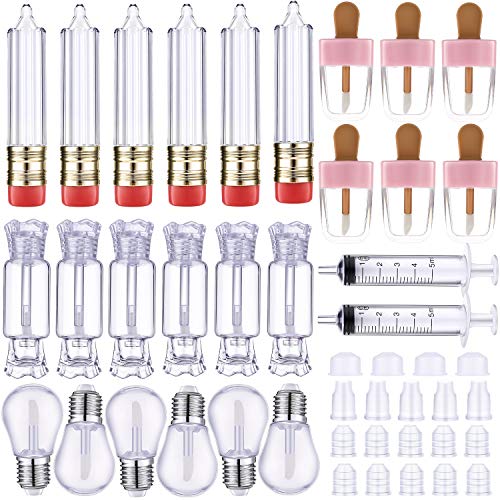 Maitys 28 Pieces Transparent Empty Lip Gloss Tube Containers Include 24 Pencil and Candy Shaped Oil Bottles Ice Cream Funny Light Bulb Balm Tube, 4 Plastic Syringe for Women Girls DIY