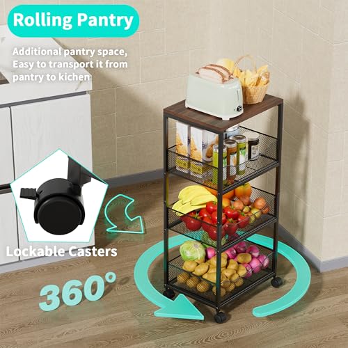 HapiRm 4-Tier Rolling Kitchen Cart with Wood Top & Wheels