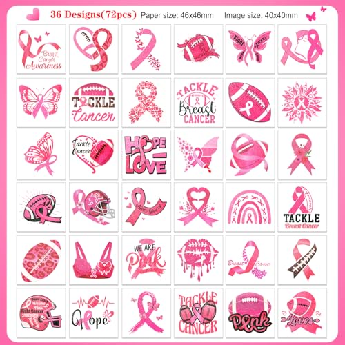 HOWAF 72pcs Breast Cancer Awareness Temporary Tattoos, Glitter Pink Out Football Tattoos, Football Pink Ribbon Themed Tattoos Stickers for Breast Cancer Month Charity Event Supplies Favors