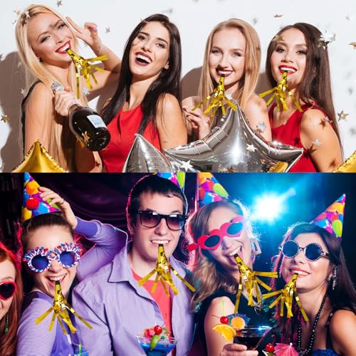 Noise Makers, Gold Noise Makers, Glitter Metallic Fringed Party Blowers Noisemakers Horns for Adults for Birthday Sporting Events Halloween Christmas New Year Party Favor Supplies (Gold)