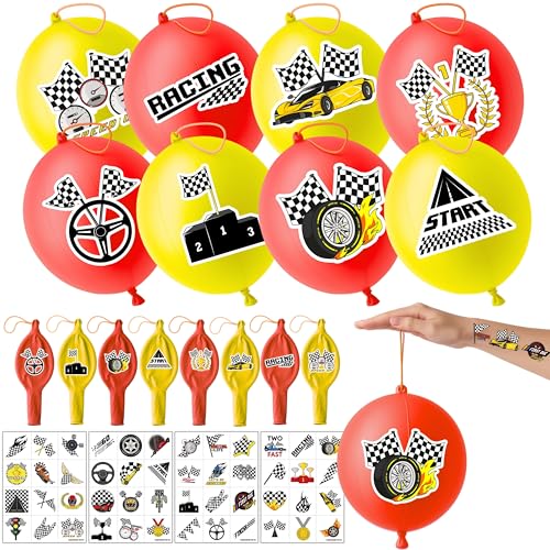 72 PCS Checkered Party Favors ? 48 Pre-Cut Temporary Tattoos & 24 Checkered Punch Balloons Themed Birthday Party Decorations Supplies Favors Gifts Goodie Bag Fillers Classroom Rewards for Boys Girls