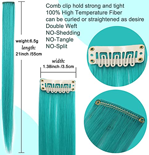 Rhyme Multi-color Hair Extensions for Girls Princess Party Highlight 21 inch Colored Hair Extensions Clip in/on for Girls and Kids Wig Pieces 8PCS (Teal Pink)