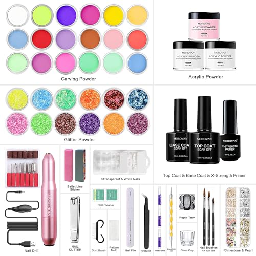 Morovan Acrylic Nail Kit for Beginners: Professional Nails Kit Acrylic Set With Everything Complete Starter Set - with 3 Colors Powder and Glitter Powder