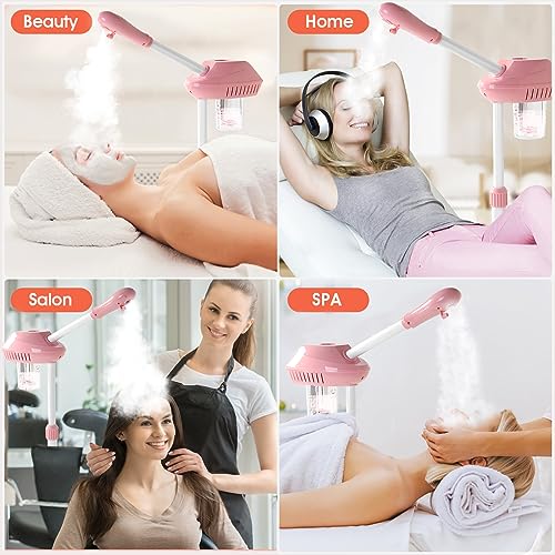 Professional Facial Steamer, Face Steam on Wheels, Estheticians Steamer with More Steam for Moisturizing and Hydration, Adjustable Height and Angle for Spa Beauty, Home Use, Pink