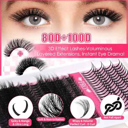 PROLASHBEAUTY Lash Clusters with Spikes Lash Clusters Kit 3D Style Individual Lashes Kit with Bond and Seal Lash Tweezers Remover Easy to Apply at Home (80D+100D-D-10-18mix)