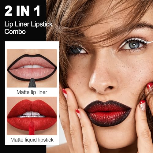 MAKI YIKA LGA04 Black Lip Liner & Red Matte Liquid Lipstick Set for Women