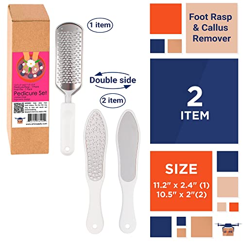 EZGOODZ White Foot Rasp and Double Sided Callus Remover for Feet. Set of Stainless Steel Foot File and Additional Callus Scraper. Professional Pedicure Foot File Callus Remover with Ergonomic Handle