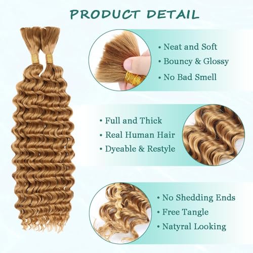 AuokMar B #27 Honey Blonde Human Braiding Hair 26 Inch Deep Wave Boho 2 Bundles