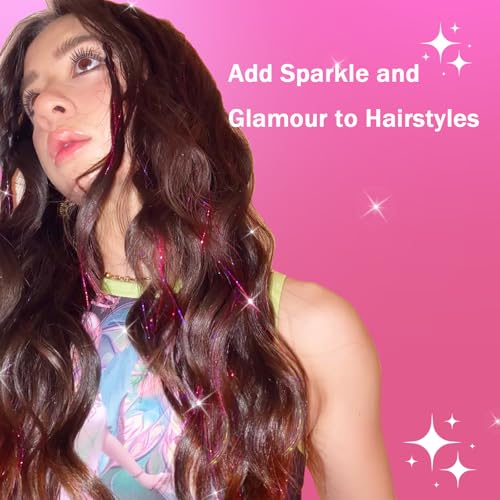 NIACONN Pink Glitter Hair Tinsel Extensions Kit - 18 Strands, 48 Inch