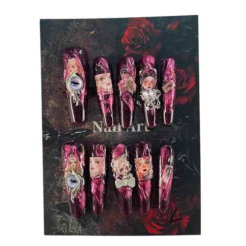 Press on Nails Handmade Nails 10Pcs Dark Gothic Style Manual Press on Nails Pink Sculpture Fake Nails for Women Party Holiday Photo 4.0CM Size M