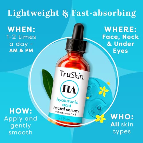 TruSkin Hyaluronic Acid Serum for Face + 7 Ultra Hydrating Ingredients – Best Face Serum for Moisturizing, Plumping & Smoothing of Fine Lines and Wrinkles, 1 fl oz