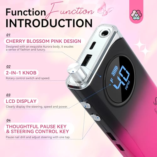SAVILAND Professional Electric Nail Drill Machine: 40000RPM Rechargeable Nail Drill File with 4000mAh Battery, Ceramic Bit and Sanding Bands for Manicure, Pedicure, Shaping & Acrylic Removal Salon Use