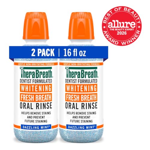 TheraBreath Whitening Mouthwash Dazzling Mint 16 oz Pack of 2 - Alcohol-Free, Dentist Formulated, Stain & Bad Breath Freshener