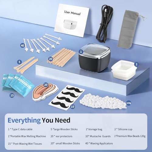 Nose Wax Kit Men, Nose Ear Hair Waxing Kit 120g Wax, 65 Sticks, 2 Silicone Pots, Nose Ear Hair Removal Kit, USB Fast Heat, Smart Constant Temp, Multi-Accessories, Black
