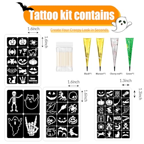 Temporary Tattoos Stencils Kit,Temporary Tattoos Kit - 4 Pcs 4 Color(Maroon,Black,Cherry red,Green) Ink with Gloves,DIY Body Art Painting for Women Men Adults Kids