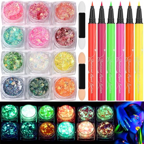 Glow in the Dark Glitter Gel & UV Eyeliner Pen Set - 18 Colors
