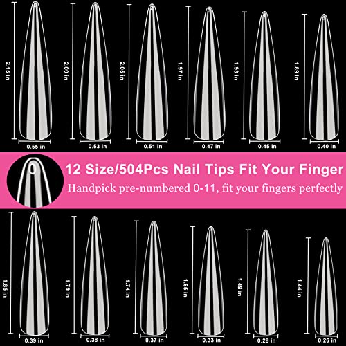 Long Stiletto Nail Tips, AITRAI 504pcs 3XL Extra Long Stiletto Nail Tips Full Cover Acrylic Nail Tips for Nail Preffesional Pointy Shaped Flase Nail for Nail Art, 12 Sizes