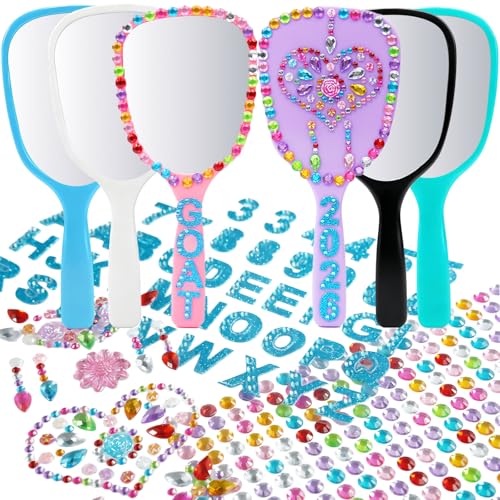 Handheld Mirrors with Gem Stickers - 6 Pack DIY Craft Kit