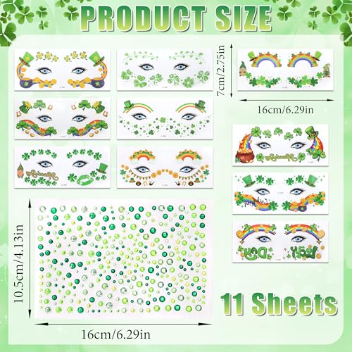 St. Patrick's Day Face Tattoo Stickers with Green Rhinestones