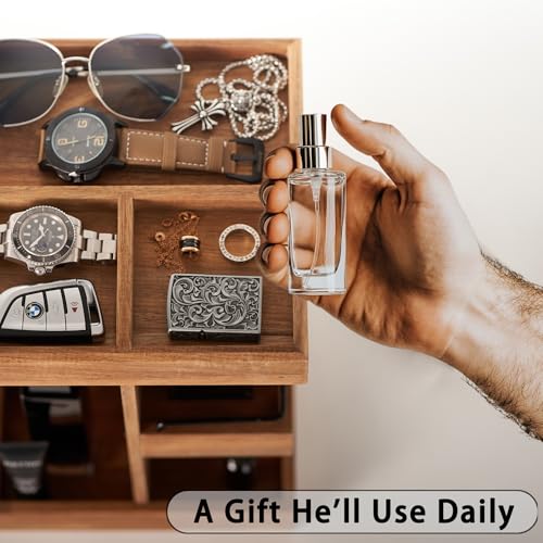 Cologne Organizer for Men, Solid Acacia Wood 3-Tier Rotating Stand - Natural Grain Bathroom & Vanity Organizition for Perfume & Skincare, Premium Desk Decor, Unique Birthday Gifts