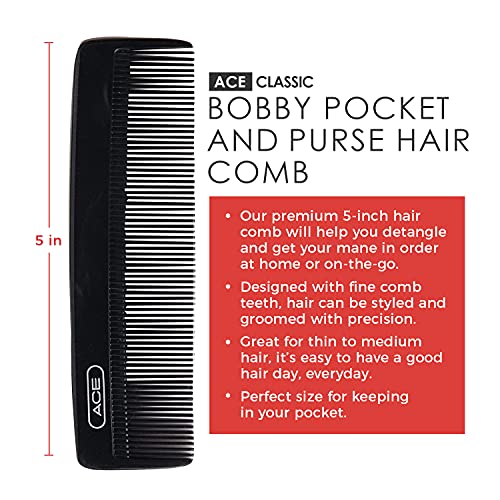 Goody Ace Classic Bobby Pocket Comb - 5 Inch Fine Teeth for All Hair Types, Black