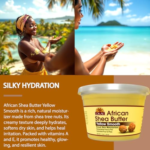 OKAY Yellow Shea Butter for Hair and Skin - Raw African Shea Butter for Women and Men, Daily Moisturizer for Face and Body, Helps with Stretch Marks, Soothes Dryness - 13 oz Jar (Pack of 1)
